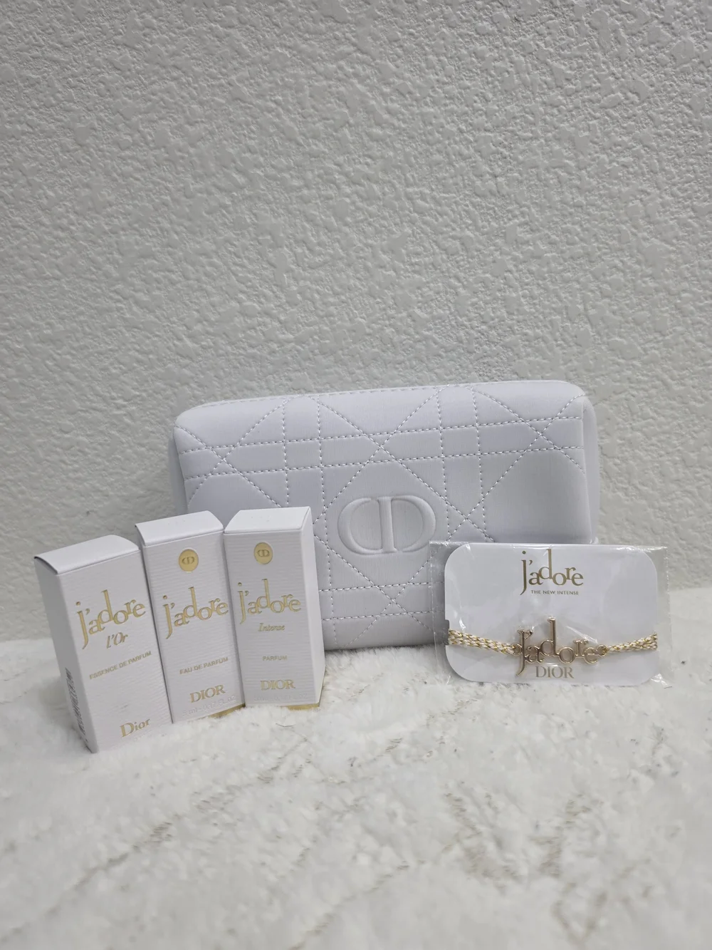 Dior White Quilted Cosmetic Pouch with J'adore Gold Charm and Samples